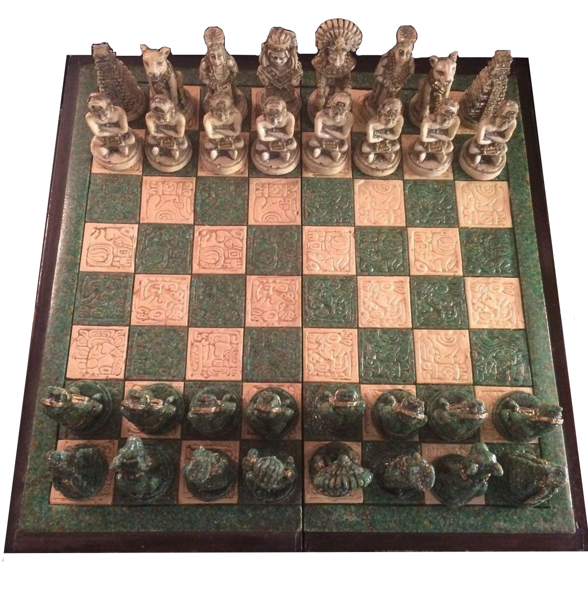 Antique Wood and Stone Mayan/Mexican Chess Set